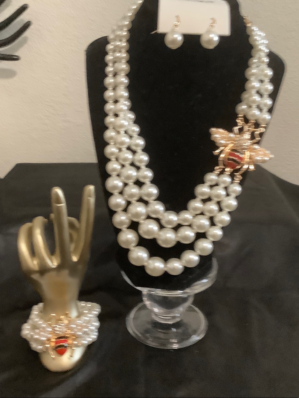 Wildflowers White Pearl Multi-Strand Necklace with Gold Bee Accent